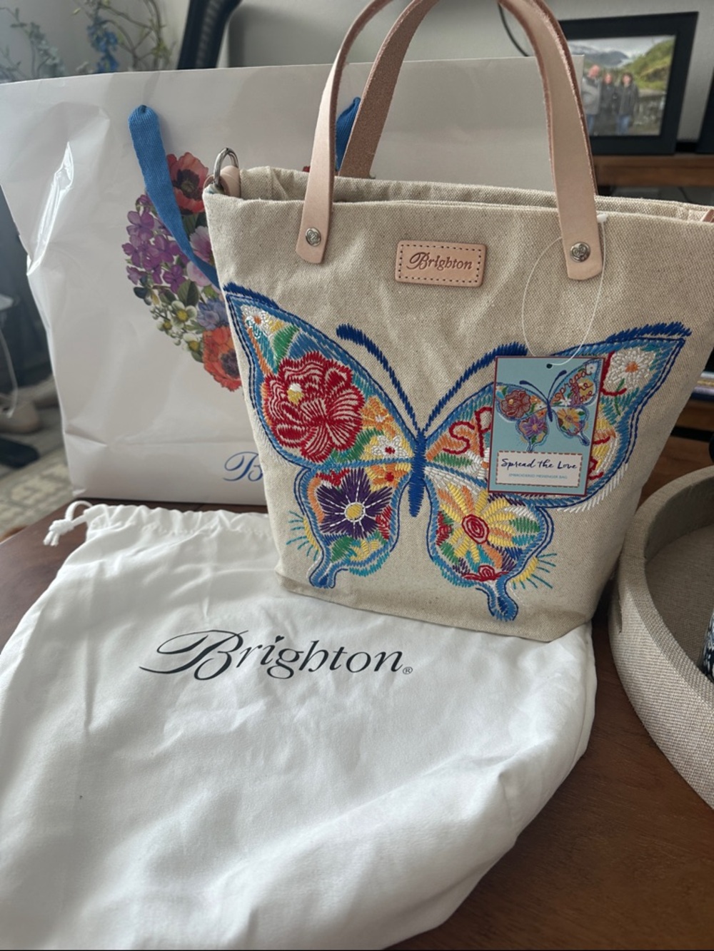 NWT Brighton Beige Canvas Tote with Colorful Embroidered Butterfly